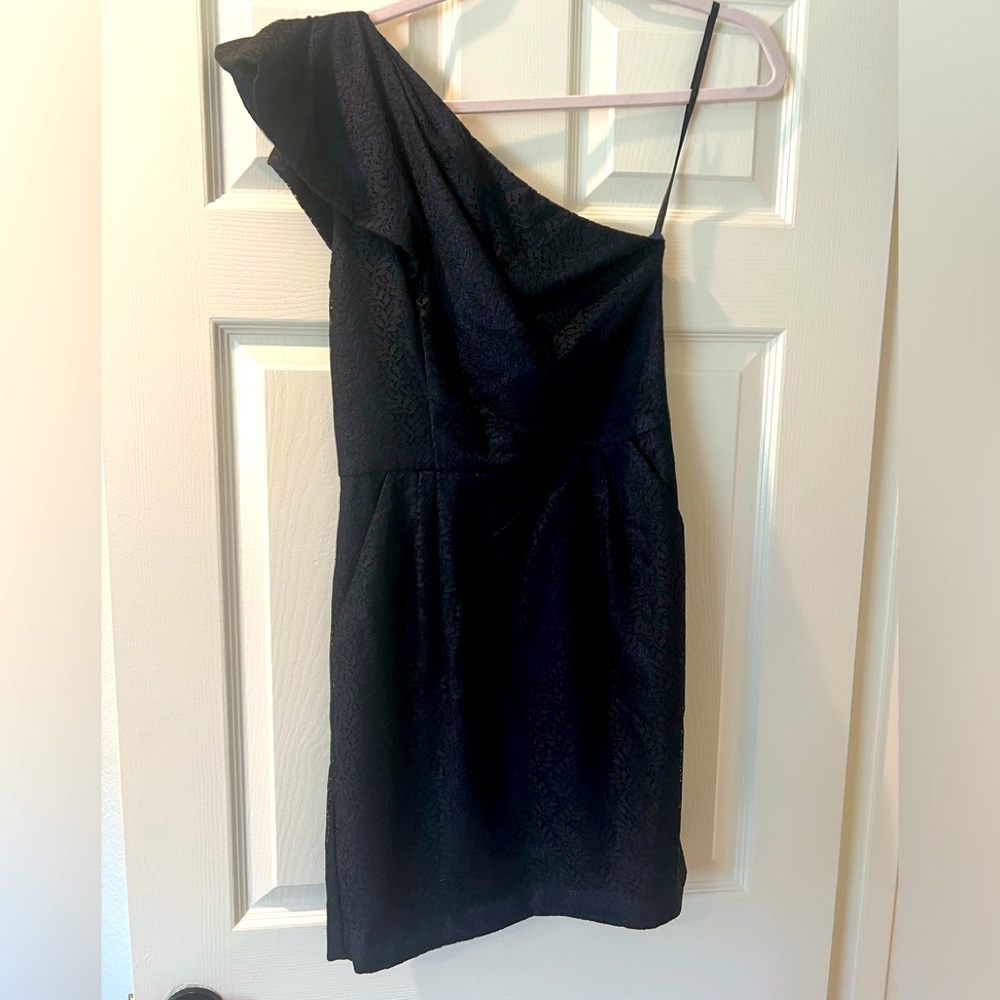 Blue and black lace, one shoulder dress with pockets